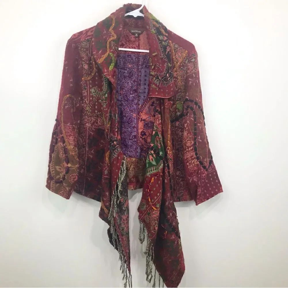 Multiples Colorful Embroidered and Patterned Asymmetrical Statement Jacket - Picture 3 of 16